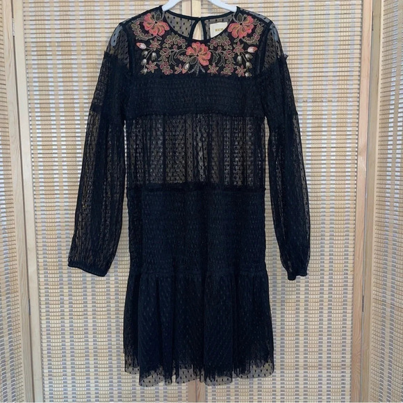 Maeve Floral Dress Women’s S Embroidered Whimsigoth Sheer Smocked Black Lace - Picture 7 of 13